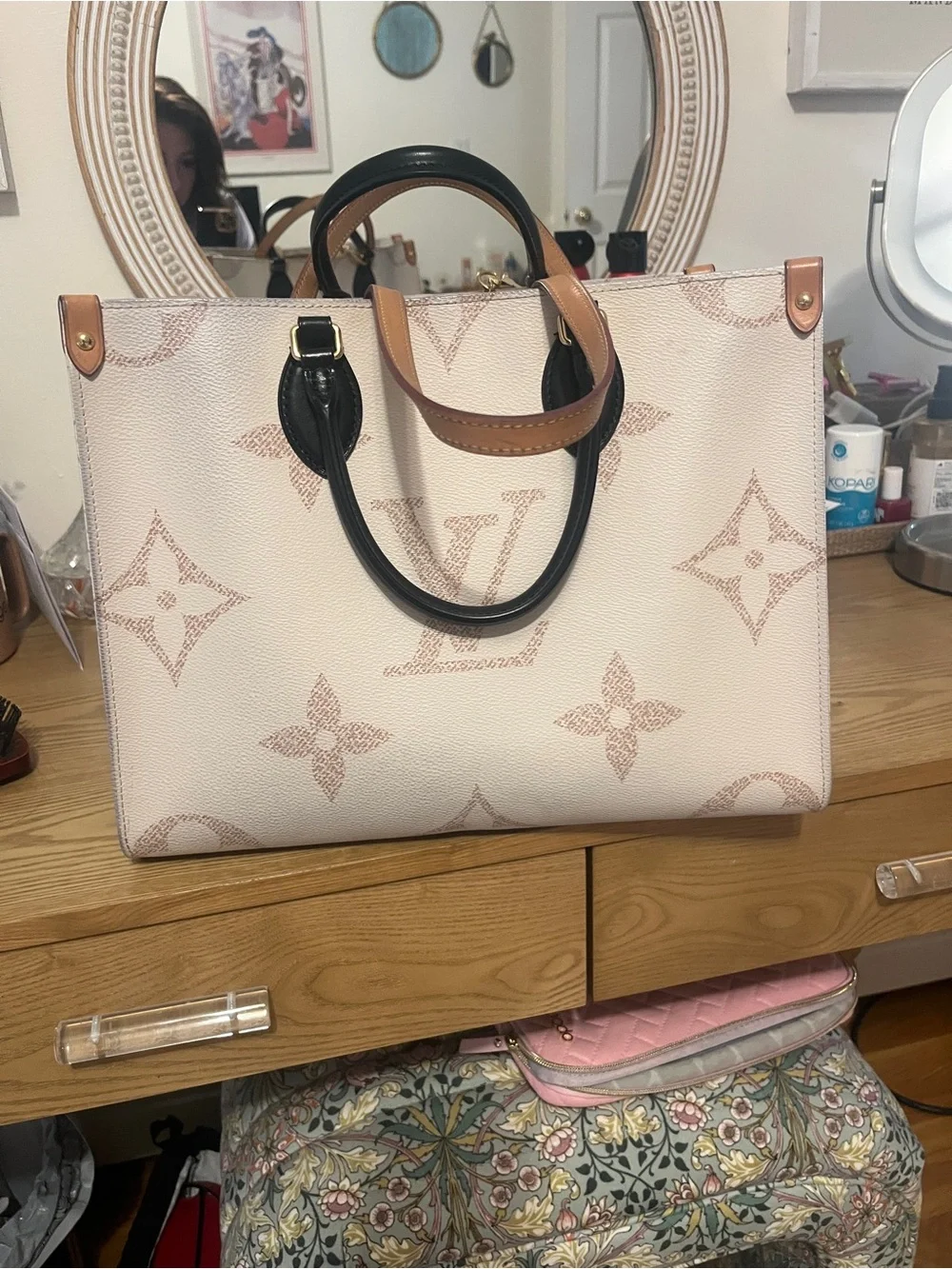 Louis Vuitton Cream & Tan Monogram Tote with Black Handles